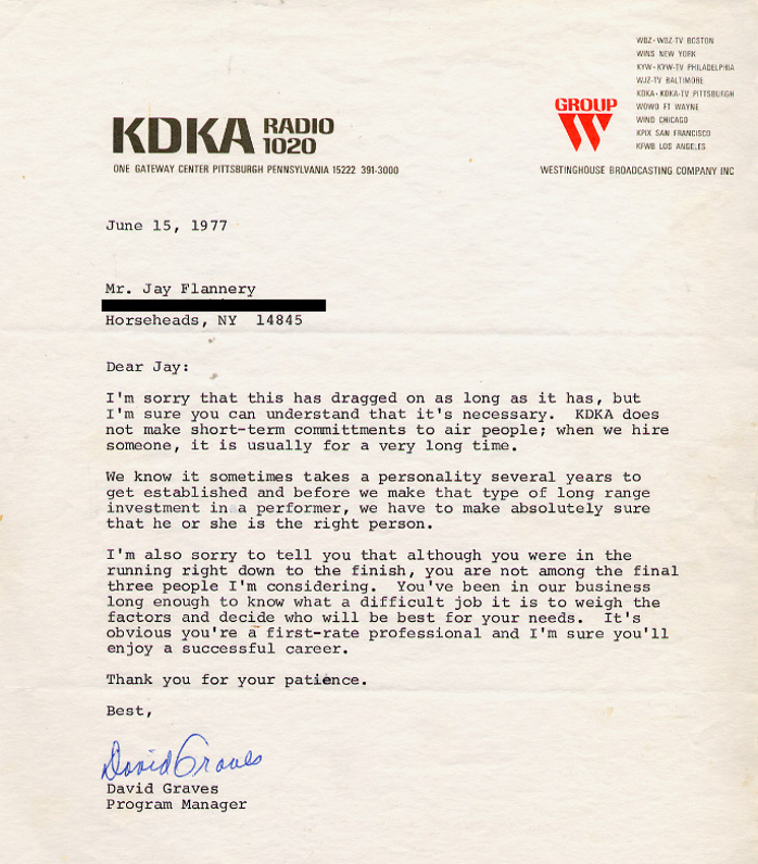 David Graves, Program Director KDKA Radio - Pittsburgh - A note to air personality Jay Flannery - 1977