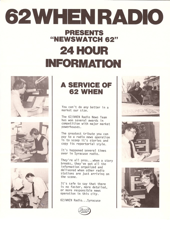 Newswatch 62 Is a 24 Hour Service of WHEN - Syracuse, NY radio circa 1978